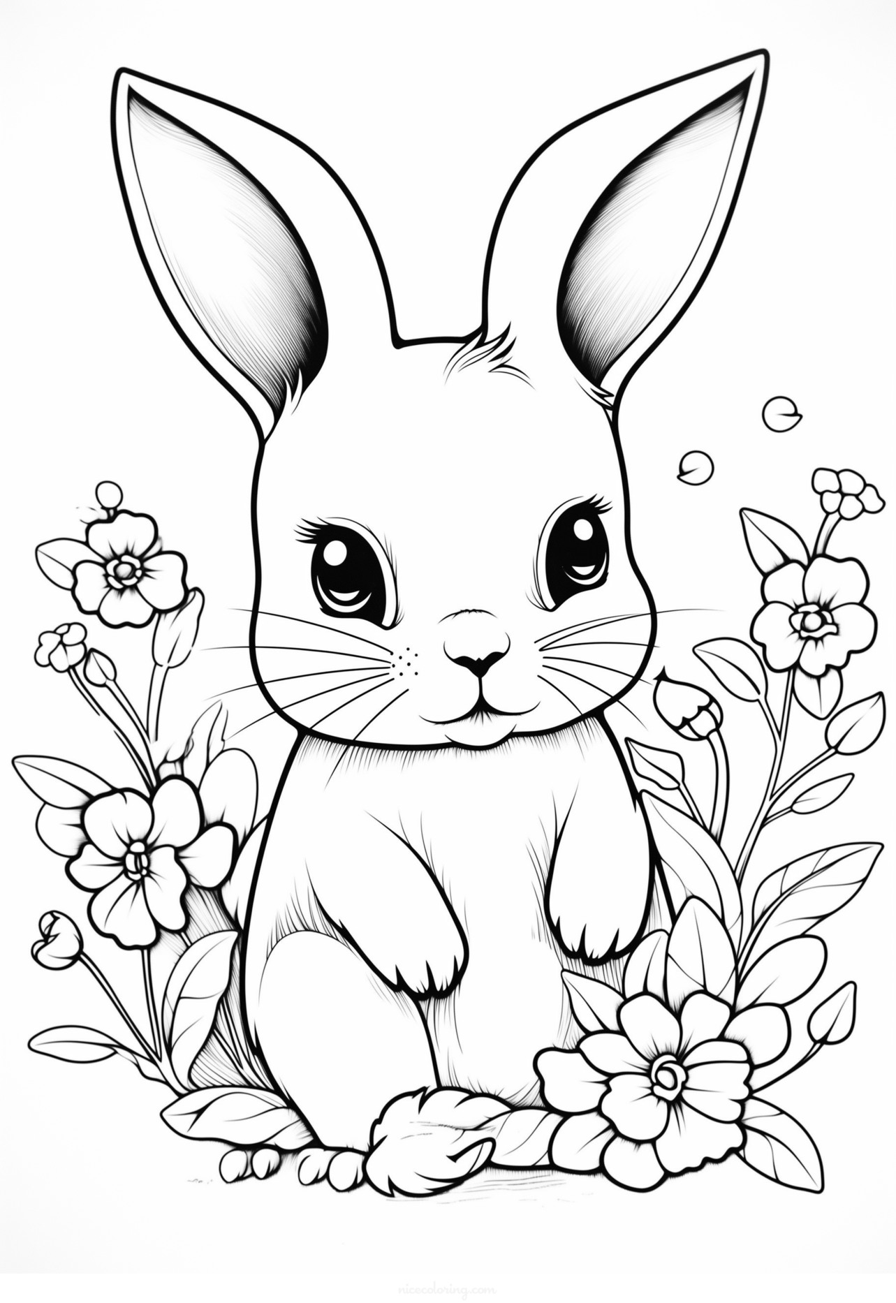 Uma página de colorir de um coelho alegre cercado por várias flores