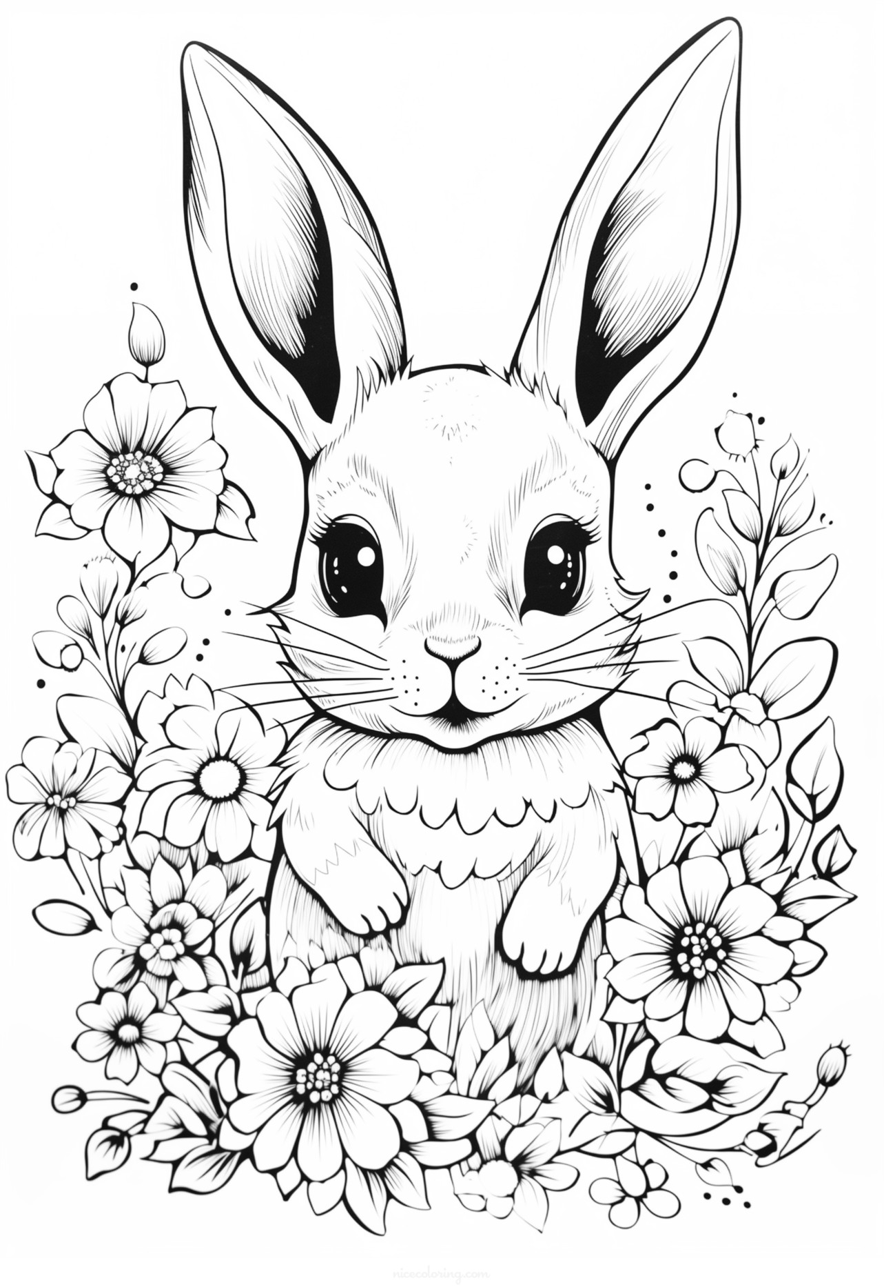 Кролик играет в саду, полном цветов