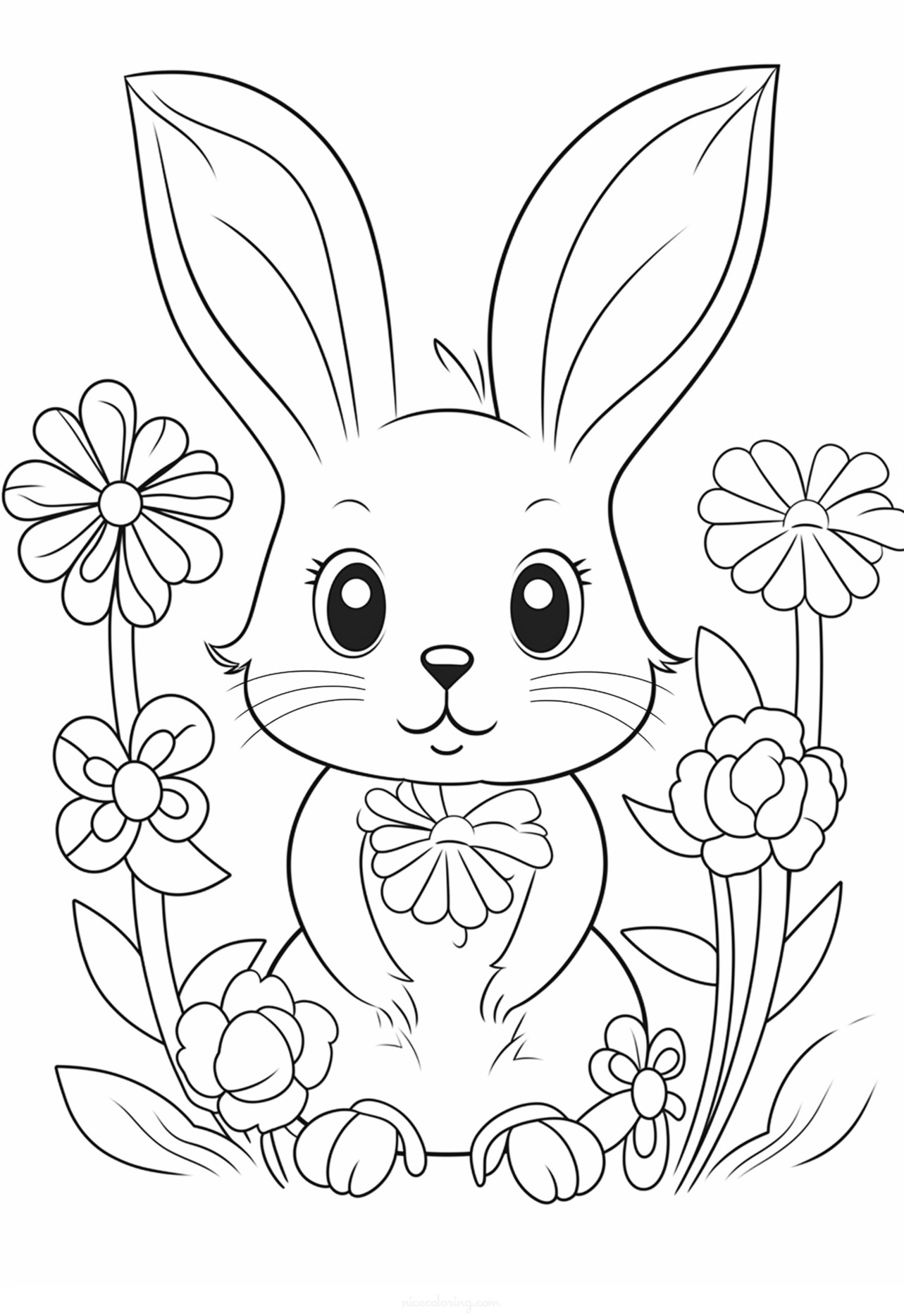 一只兔子被花朵包围的着色图