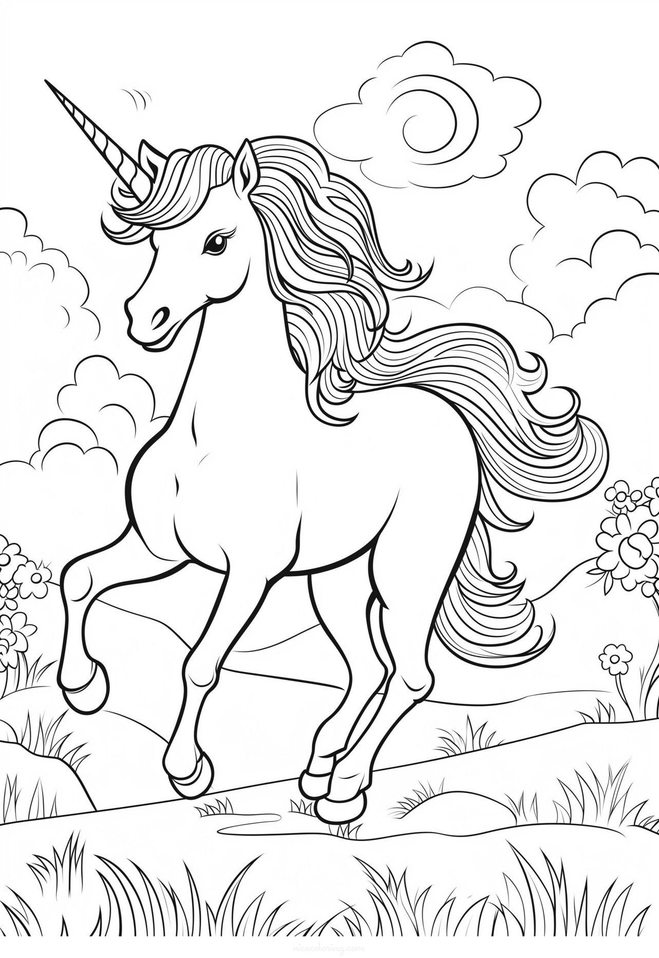Une licorne dans une forêt magique page de coloriage