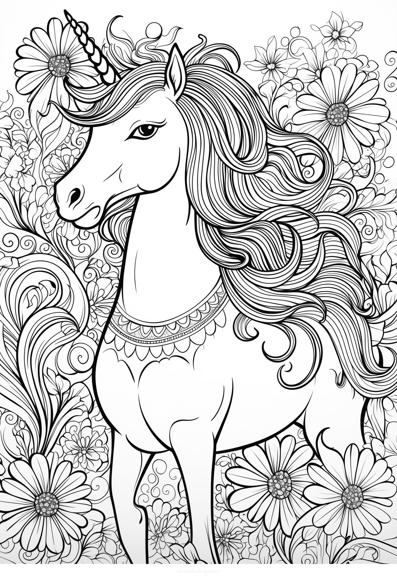 Un unicornio majestuoso rodeado de flores y corazones para colorear