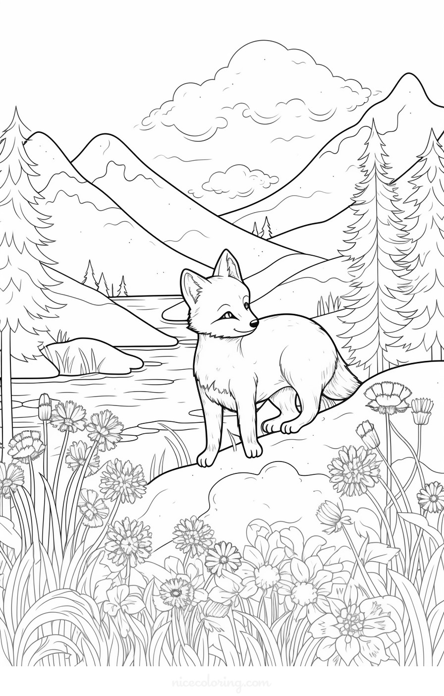 Página para colorir de um lobo em uma floresta