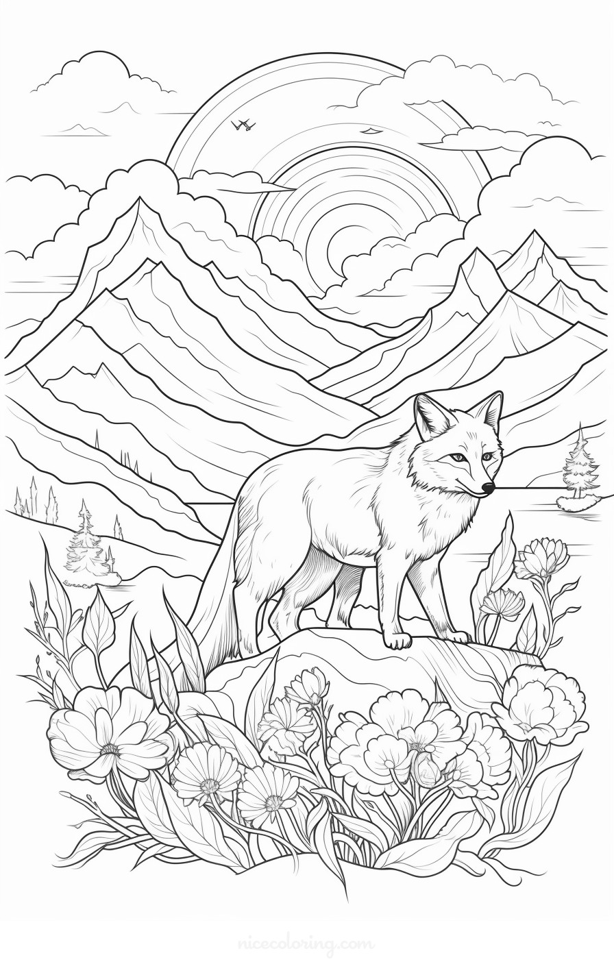 Lobo en una escena de bosque sereno para colorear