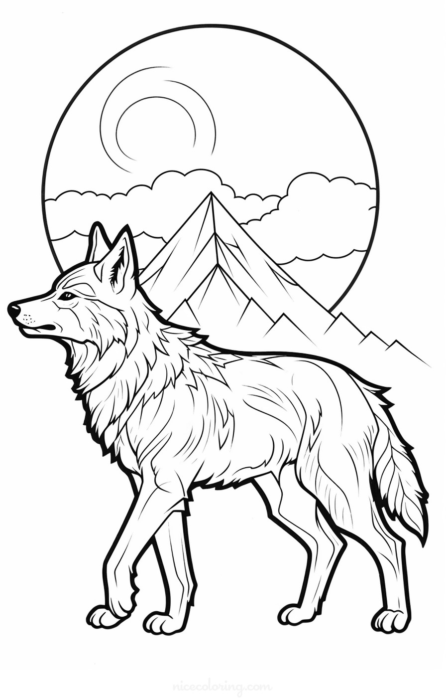 Page de coloriage d'un loup dans une scène forestière