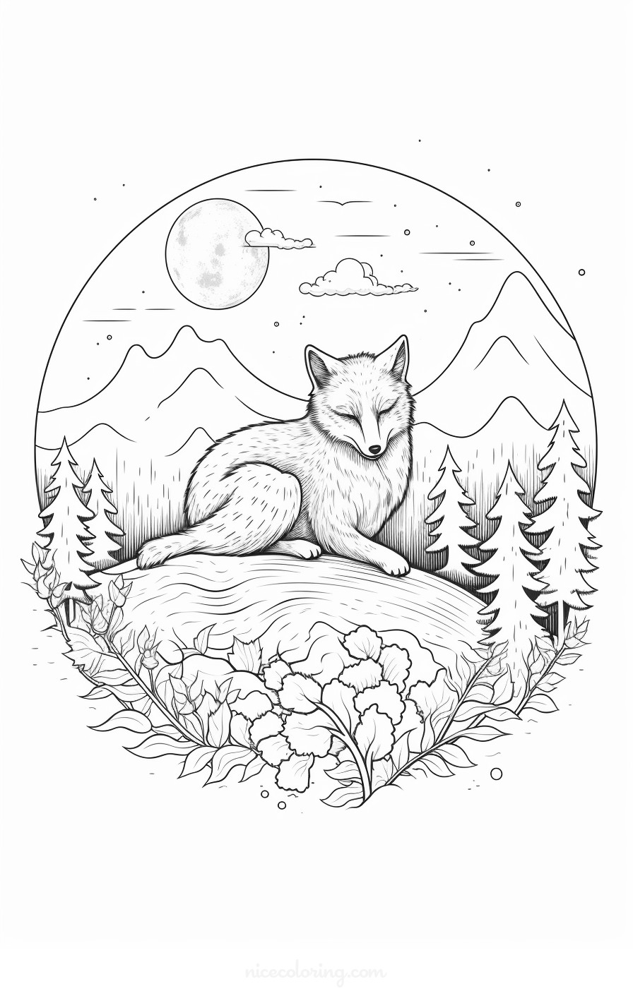 Uma página de colorir detalhada de um lobo em uma cena de floresta